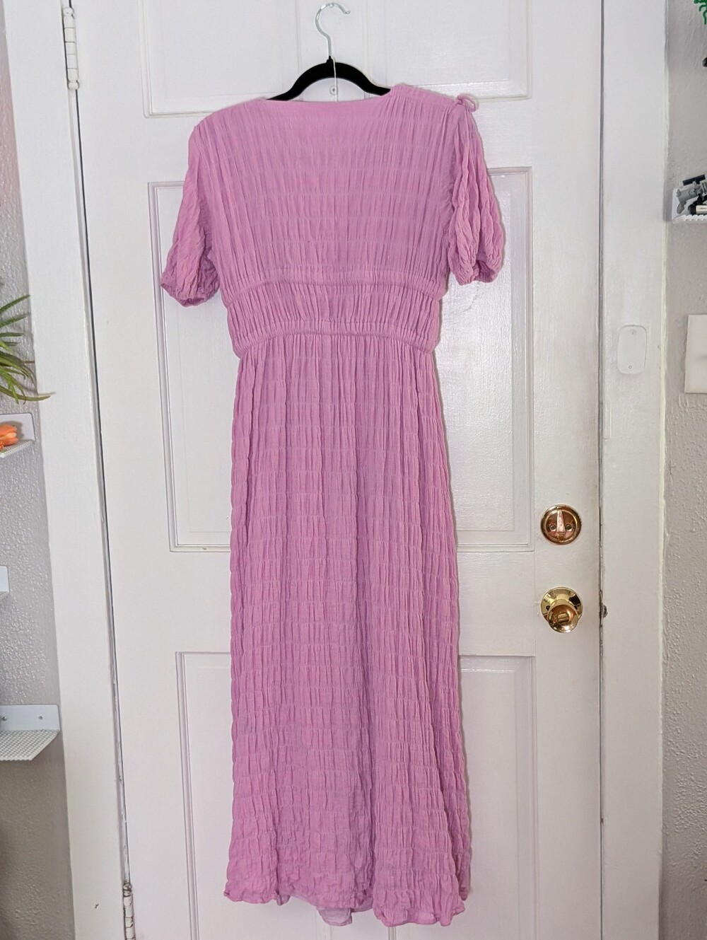 SABO Pink Cotton Gauze Maxi Dress Open Back Tie Front Puff Sleeve Size S - Picture 4 of 6